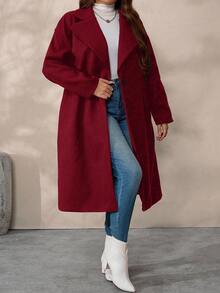 SHEIN Tall CURVE Plus Size Women's Solid Color Lapel NeckLong Sleeve Casual Woolen Long Coat, Autumn/Winter - Red - View 3