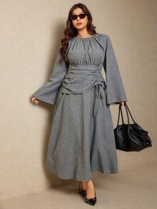 Elaquor Plus Size Women Solid Color Round Neck Flare Sleeve Pleated Casual Dress Office Old Money - Grey - View 4