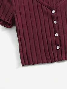 SHEIN EZwear 女士纯色V领单排扣短袖罗纹休闲T恤 - 紫紅色 - 查看 4