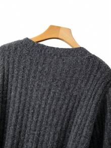 EMERY ROSE 加大码V领灯笼袖纽扣设计针织毛衣连衣裙，舒适优雅