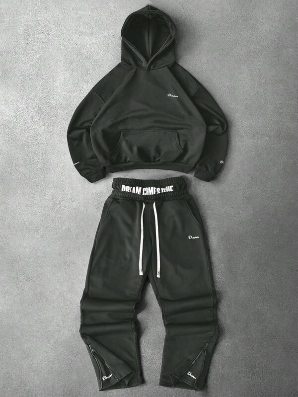 Manfinity EMRG Conjunto de sudadera y pantalones de estilo callejero popular INS con diseño de moda en inglés, ideal para festivales de música al aire libre, discotecas, regalo para novio/esposo, regalo de aniversario, ropa de otoño