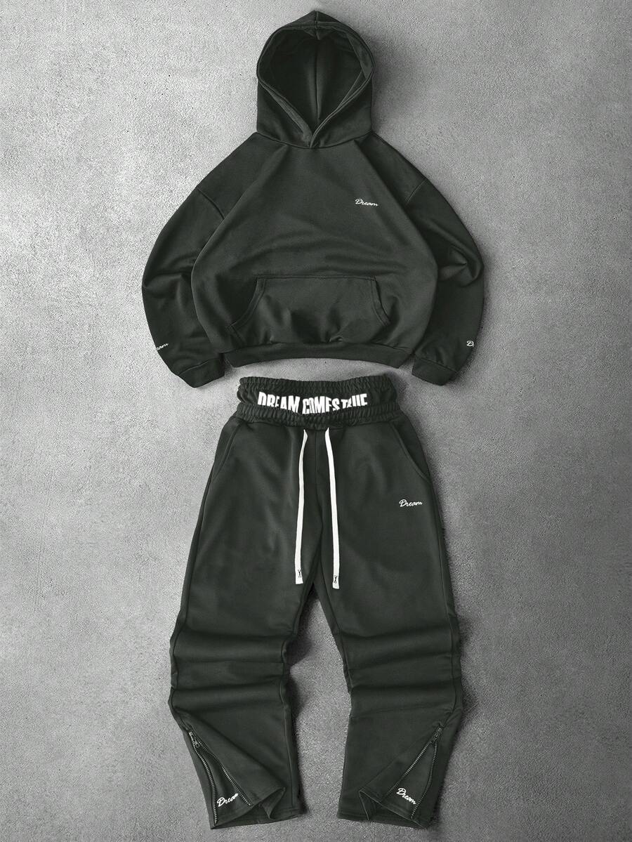 Manfinity EMRG 男士街头风流行INS搭配梦想时尚英国偶像户外音乐节夜店男友老公礼物周年纪念礼物连帽衫和裤子套装，秋季衣服 - 深灰色 - 查看 1