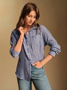 Écloséra French Retro Style Women's Shirt, Women's Thanksgiving, Women's New Year's, Striped Women's Shirt, Women's Shirt For Going Out - Blue - View 2