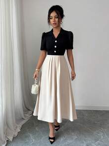 SHEIN Unity V-Neck Patchwork Color Block Cinched Waist Casual Dress - Black - View 5