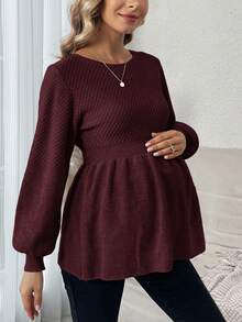 SHEIN Maternity Casual Solid Color Lantern Sleeve Sweater, Autumn/Winter - Red Violet - View 4