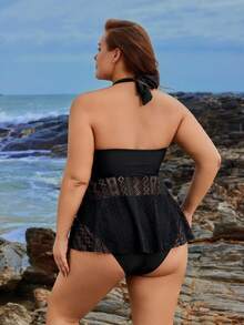 Swim Lushoire Bikini tam giác cổ chữ V 2 mảnh cỡ lớn cho nữ - màu đen - Xem 2