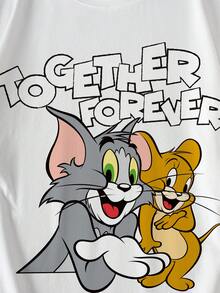 TOM & JERRY X SHEIN Men's Casual Letter & Cartoon Graphic Round Neck Short Sleeve T-Shirt, Summer