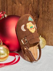 Mini mi Kids' Gingerbread Man & Christmas Tree Decor Suede Brown Clogs With Adjustable Hook-And-Loop Back Strap – Sweet, Cozy & Holiday-Perfect. - Brown - View 8