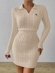 EMERY ROSE Pony Logo White Cable Knit Sweater, Embroidered Polo Collar Top, Fitted Sexy Dress - Apricot - View 5