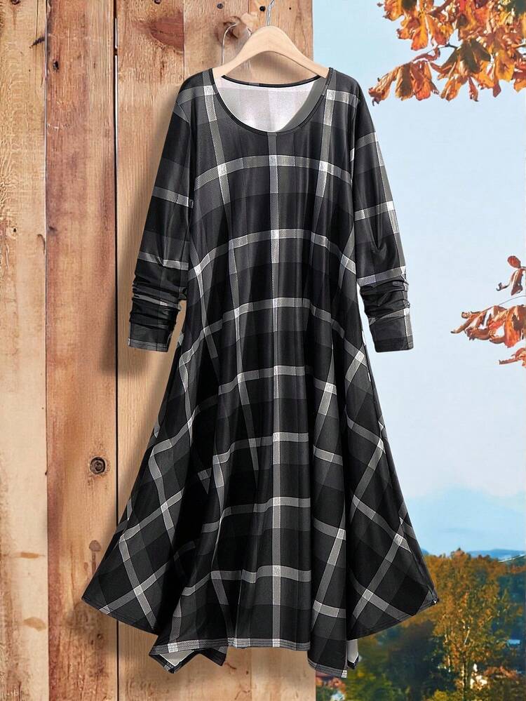 Plus Size Women Fall Country Casual Vacation Vintage Plaid Long Sleeve Round Neck Asymmetrical Hem Long Dress With Pockets, Fall Women Clothes,Plus Size Winter Clothes, Christmas Outfit For Women ,New Year Clothes, Autumn/Winter,Going Out Outfits,2025 New Clothes,Dresses Casual,Flowy Dress,Simple And Fashionable For Everyday Wear,Plus Size Winter Clothes,New Year Dress