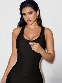 Nuvra 女士黑色针织吊带无袖系带修身开衩撞色绷带针织连衣裙 - 黑色 - 查看 8