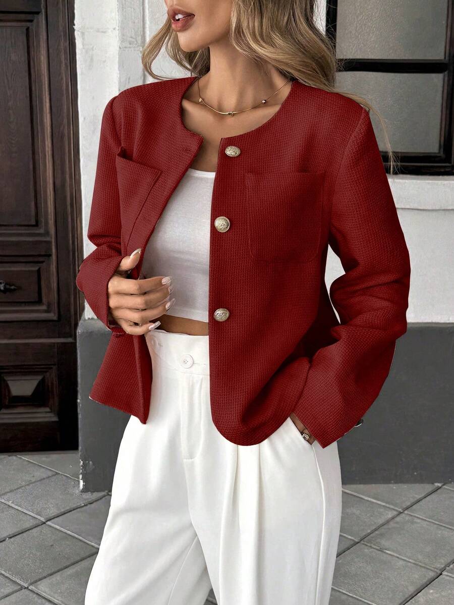 Pariaura 优雅法式风格编织圆领长袖修身绿色女式外套，夏季新品 - 紅色 - 查看 1