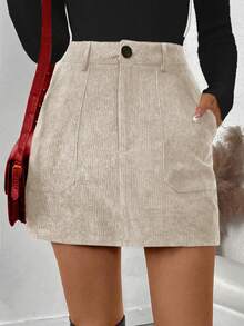 SHEIN PETITE 秋冬休闲百搭纯色半身裙 - 杏色 - 查看 4