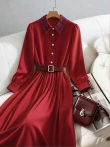 GlowEve Women's Embroidered Collar Cinched Waist A-Line Dress, Elegant & Sophisticated For Daily Commute, Business, Romantic Dates, Parties, Christmas, Autumn/Winter Long Sleeve - Red - View 7