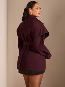 SHEIN BAE 纯色休闲宽松腰带女式风衣 - 紫紅色 - 查看 2
