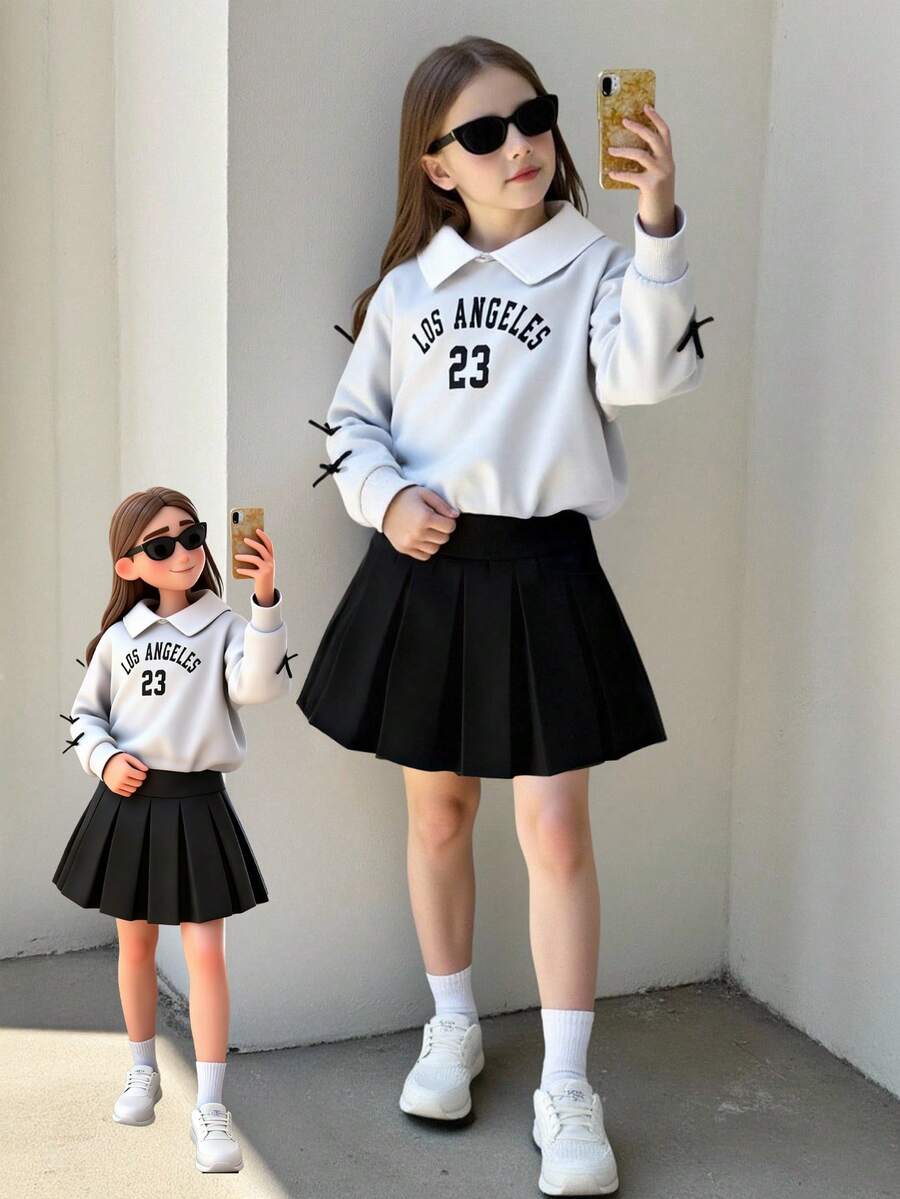 Elladie kids 两件套少女学院风翻领卫衣,英文印花,搭配时尚百褶裙,袖口饰有撞色缎带和蝴蝶结,舒适针织面料,充满青春活力,适合上学或休闲外出穿着。 - 彩色 - 查看 1