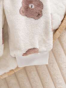 SHEIN 2件套新生儿男女宝宝休闲可爱简约时尚杏色毛绒卡通熊圆领长袖上衣和配套长裤套装，适合春秋季日常穿着