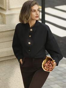 SHEIN Unity Women's Elegant Solid Color Long Sleeve Button-Up Shirt,Black Gold Autumn Office Top,Work Suits,Funeral,Skirt Suit,Suitable For Work - Black - View 4