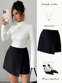 Elenzga 不对称下摆优雅短款羊毛混纺半身裙，女士休闲冬季半身裙，时尚黑色半身裙 - 黑色 - 查看 1