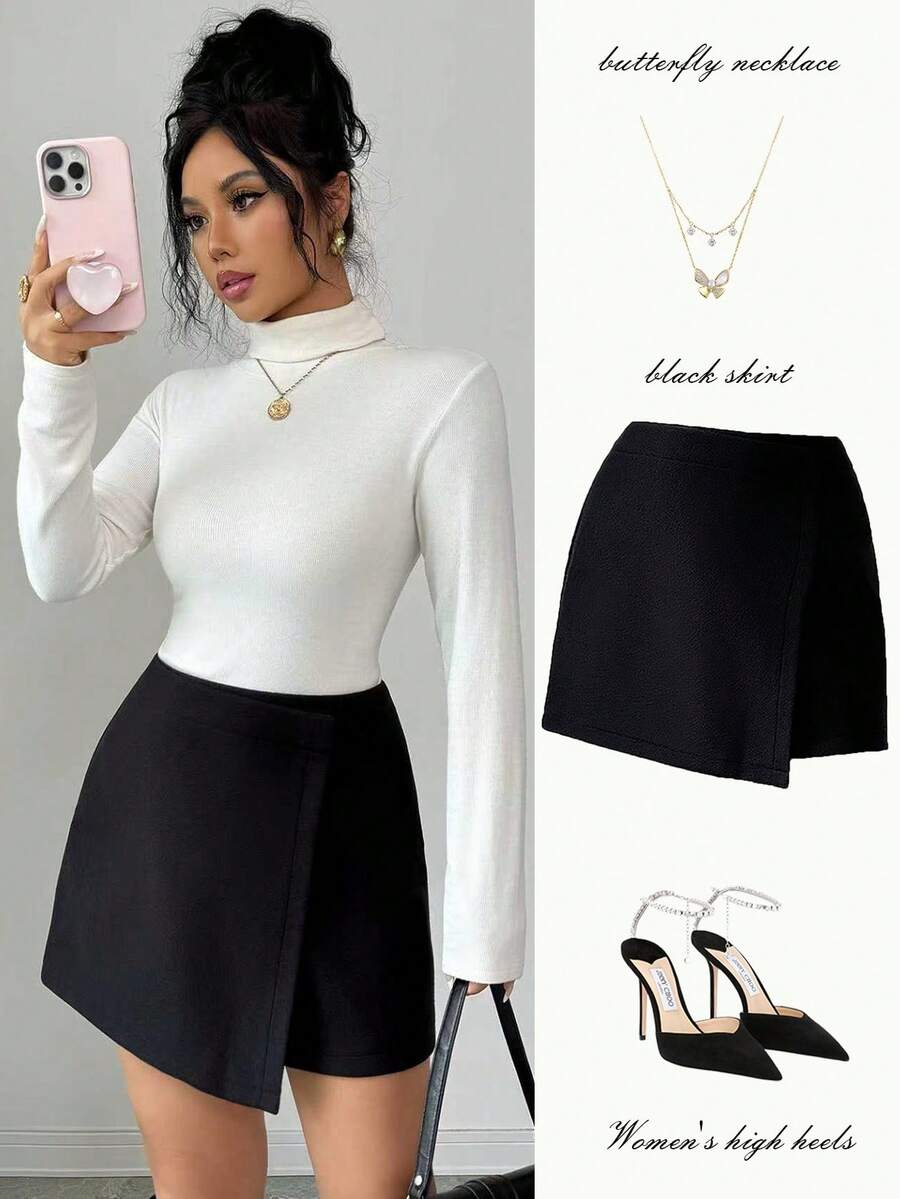 Elenzga 不对称下摆优雅短款羊毛混纺半身裙，女士休闲冬季半身裙，时尚黑色半身裙 - 黑色 - 查看 1