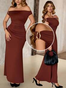 Roveilla 大码女士优雅复古纯色针织露肩无袖长款褶皱收腰修身连衣裙，适合家庭聚会和宴会等场合。 - 咖啡棕 - 查看 9
