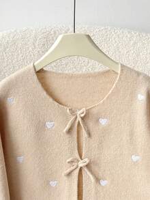 SHEIN Tween Girl Loose Casual Minimalist Comfortable Round Neck Long Sleeve Bowknot Polka Dot Cardigan, Back To School Season - Yellow - View 5