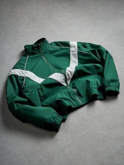 PAVTROS Casual Modern Men's Green Colorblock Woven Fabric Jacket Featuring Stand Collar Zipper And Long Sleeves With Tight Hem Race Car Jacket Green Jackets Wind Breaker Windbreaker Track Jacket