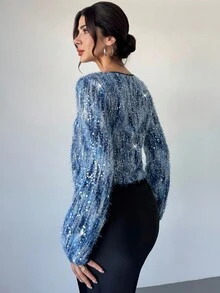 Firerie Women's Sequin Embroidered Front Tie Blouse,Navy Blue Faux Fur Sweater Top,Long Sleeve,Elegant Autumn Party Night Boho Beach Concert Club - Multicolor - View 8