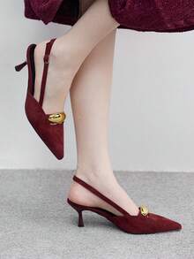 CUCCOO BIZCHIC 女士后跟系带蝴蝶结装饰洛丽塔风格高跟鞋，酒红色，适合圣诞节穿着 - 酒紅色 - 查看 3