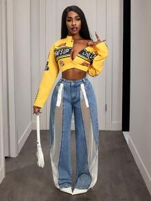 Slaydiva Women's Patchwork Fishnet Loose Fit Pocket Casual Wide Leg Jeans - Blue - View 6