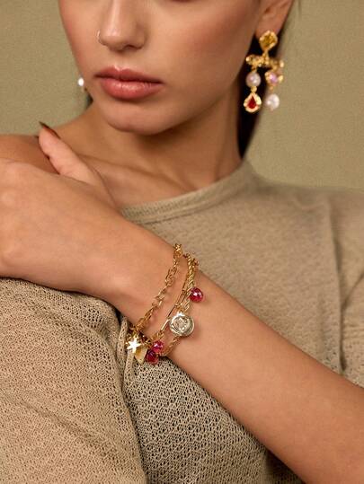 Glisma Heart Glass Bead Bracelet,Outfits,Gothic/Goth,Old Money,Beaded,Western Jewelry,Metallic/Texture,Gemstone,Fall/Autumn/Winter,For Mom/Women/Girl/Mother,Premium,Vintage,Cross