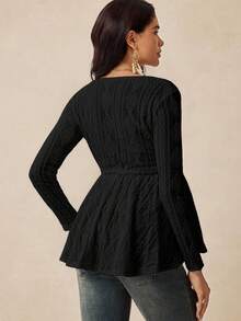 Boho Mama Maternity Casual Solid Color Textured Drawstring Waist T-Shirt - Black - View 2