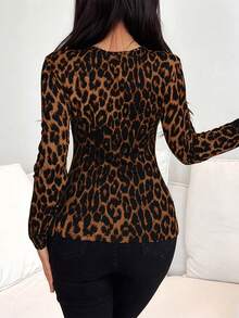 Rafferiza Women Deep V-Neck Long Sleeve Leopard Print & Knot Bust Gathering T-Shirt, Sexy & Elegant, Autumn Graphic Cheetah Print Tees Women Tops For Spring - Brown - View 2