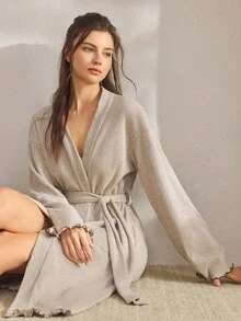 Ocili 柔软绒面系带睡袍，驼色女士睡袍，适合秋冬季节，舒适保暖 - 卡其色 - 查看 11