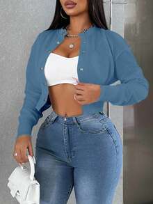 Sirith Áo khoác ngắn tay dài, đơn hàng, vai trễ màu trơn, thường ngày cho nữ - Màu xanh bụi bặm - Xem 3