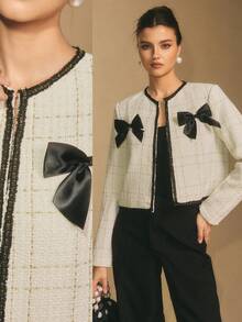 Poéselle Áo khoác nữ mùa thu tay dài dáng suông, chất liệu tweed ánh kim với nơ tương phản, áo blazer nữ, áo khoác tweed nữ, trang phục nơ Giáng sinh, áo khoác mặc cùng váy. - Đen và trắng - Xem 3