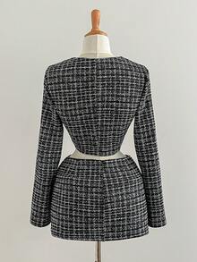 SHEIN Unity Women's Black And White Plaid Tweed 2 Pieces Set,Autumn Elegent Office Short Jacket & Low Waist A-Line Skirt,Metal Button Round Neck Fashion Suit - Black - View 2