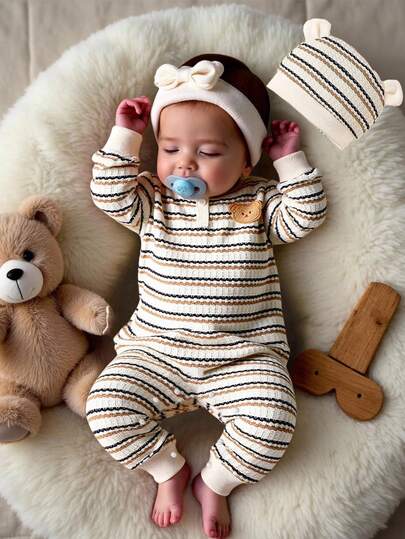 SHEIN Conjunto de pelele y gorro de bebé niña con rayas de color contrastante y textura, para primavera/otoño