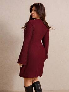 Elaquor Plus Size Women Solid Red Color Overlap V-Neck Long Sleeve Waist Metal Decor Fashion Dress/Christmas Dress/New Year Outfits/Valentine's Day - Burgundy - View 2