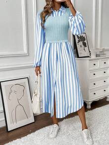 EMERY ROSE 一件女士长袖休闲衬衫裙，叠层设计，秋季长款女装 - 藍白色 - 查看 3