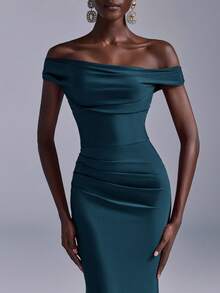 Elitara 优雅褶皱露肩鱼尾连衣裙，适合婚礼、派对、度假、舞会、伴娘等场合（成人款） - 水鴨藍 - 查看 2