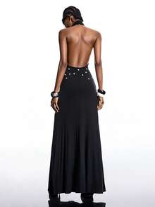 LYSMO 2025 New Arrive Minimalism Winter  Women's Solid Color Button Design Backless Dress,Party Clothing - Black - View 2