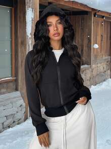 SHEIN Unity 1pc Women's Black Vintage Slim Fit Hooded Jacket, Thermal Lined With Faux Fur Collar, Casual/Commute Wear For Autumn/Winter - Black - View 1