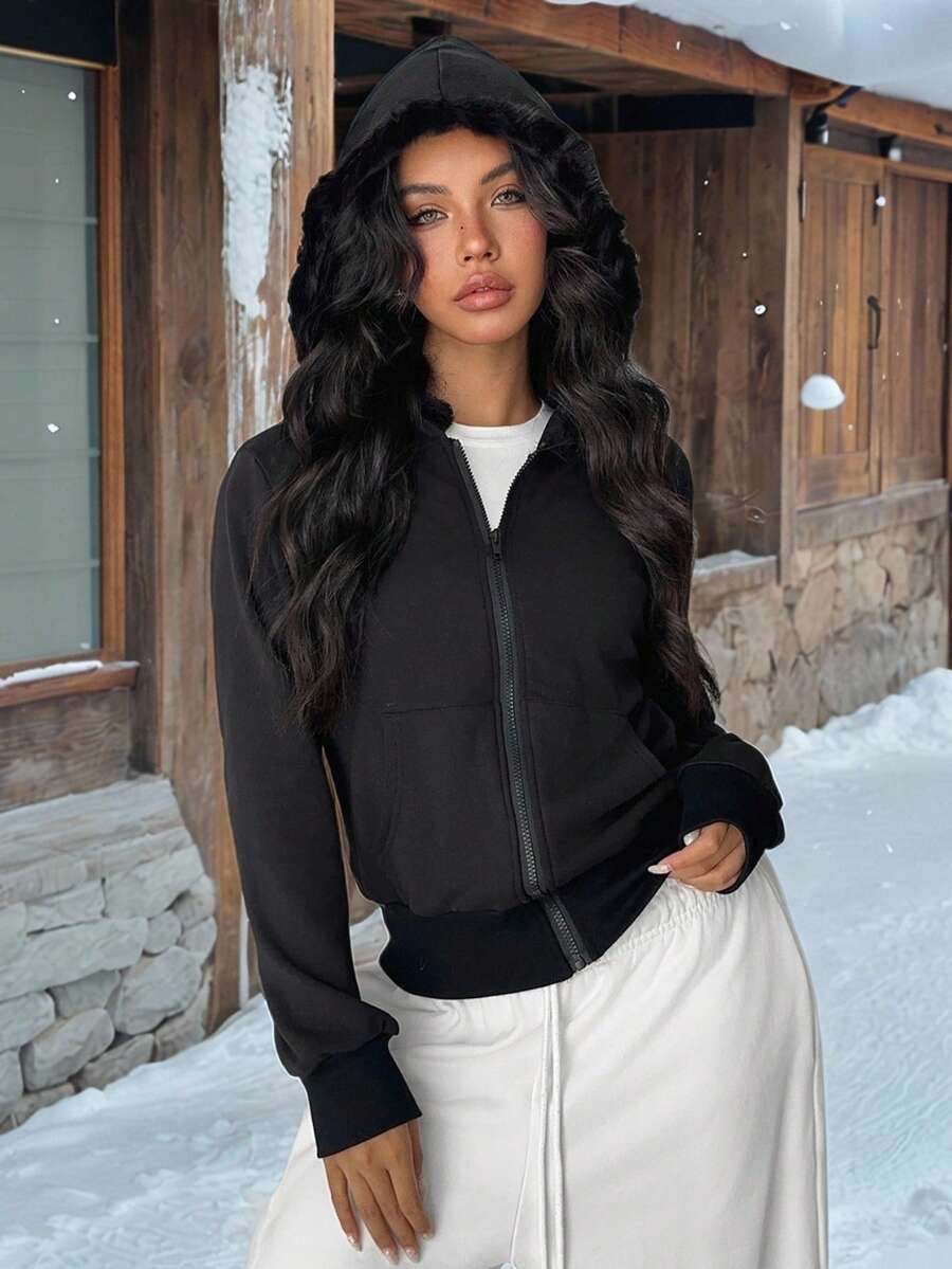 SHEIN Unity 1pc Women's Black Vintage Slim Fit Hooded Jacket, Thermal Lined With Faux Fur Collar, Casual/Commute Wear For Autumn/Winter - Black - View 1