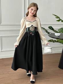 SHEIN Tween Girls' French Retro Palace Style Long Sleeve Elegant Dress,Black Floral,Autumn,Birthday,Gathered Rhinestone Square Neck Jacquard Modest Dress - Black - View 6