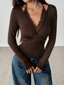 Almamuse Áo thun dài tay tối giản hàng ngày họa tiết ren đơn sắc dành cho nữ - màu nâu - Xem 4