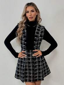 Elyressa Bộ áo khoác không tay kẻ caro thanh lịch và chân váy midi cho nữ, mùa thu - màu đen - Xem 4