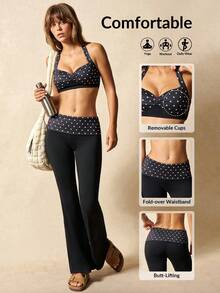 VARSIVA Women's Color-Blocked Polka Dot Print Backless Halter Neck Top With Built-In Bra Pads And Polka Dot Flared Pants With Folded Waistband, Casual Sportswear Set. - Black and White - View 2