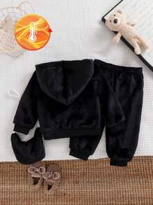 SHEIN Playful Pals 女婴休闲抓绒卫衣运动裤套装，秋冬季 - 黑色 - 查看 2