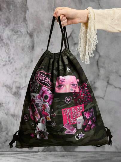 Grunge Punk Vintage Camouflage Pentagram & Number Print Large Capacity Drawstring Backpack, Fashionable Casual Unisex Daypack, Gym Bag, Suitable For School, Vacation, Party, Shopping